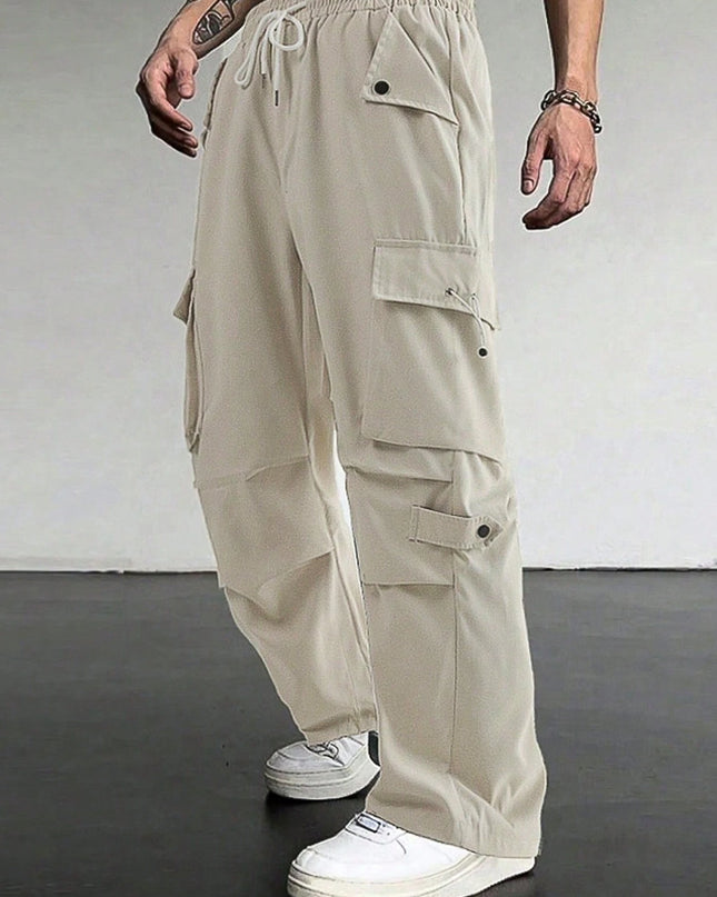 Manfinity Roghcode Men'S Flap Pocket Drawstring Waist Cargo Pants Baggy Long Plain Going Out, Back to School