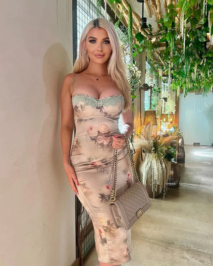Spaghetti Strap Lace Print Midi Dress for Women Robe Strapless Backless High Waist Bodycon Club Party Long Dress