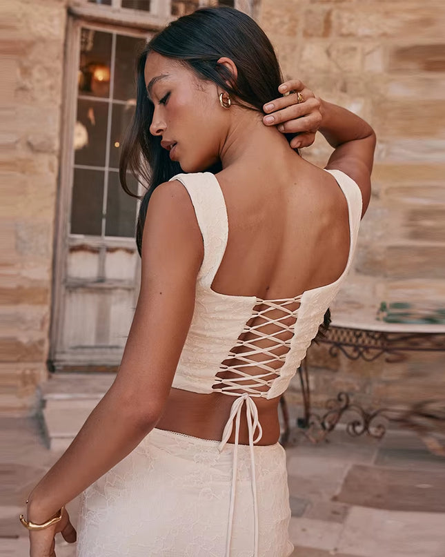 Summer Cropped Top Women 2024 New Arrivals Beige Elegant Lace up Corset Top Sexy Short Causal Female Blouse