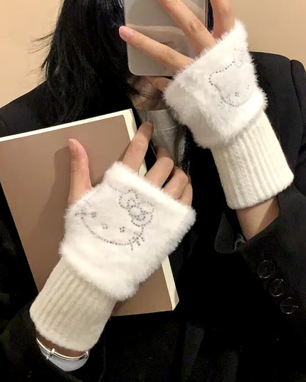 Hello Kitty Half Finger Gloves for Women Fashion Winter Warm Soft Knitting Gloves Casual Cartoon Fingerless Mitten Gifts