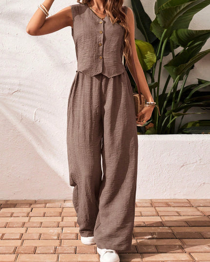 Frenchy 2Pcs/Set Vacation Casual Solid Color Button Front Top and Pants Set