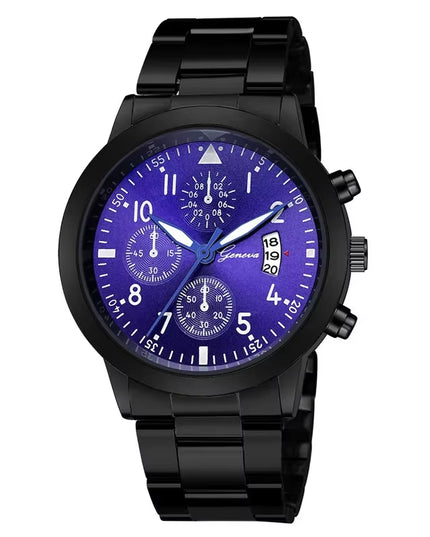 Geneva Watches Men Luxury Men Watches Black Stainless Steel Blue Face Quartz Watch Men Sports Watches Reloj Hombre Horloge Heren
