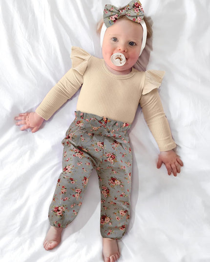 Newborn Baby Girl Clothes Ribbed Ruffle Sleeve Romper + Floral Pants + Headband Cute Infant Baby Girl Outfit 3Pcs