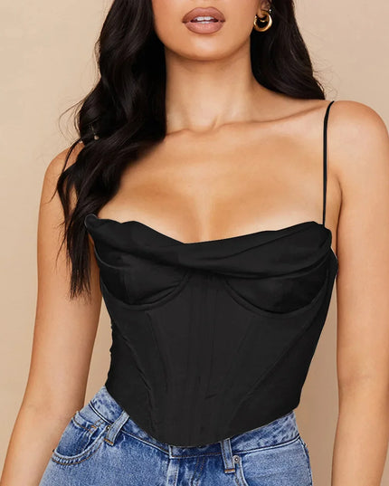 Thick Satin Bustier Corset Crop Top with Chest Pads Spaghetti Strap White Bodycon Top Summer Women Tops with Fishbone