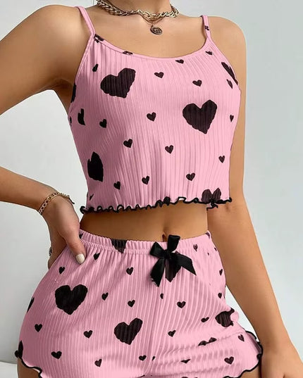 Women'S Pajamas Set Sleepwear 2 PCS Short Tank Tops and Shorts S M L White Ventilate Soft Casual Love Printing