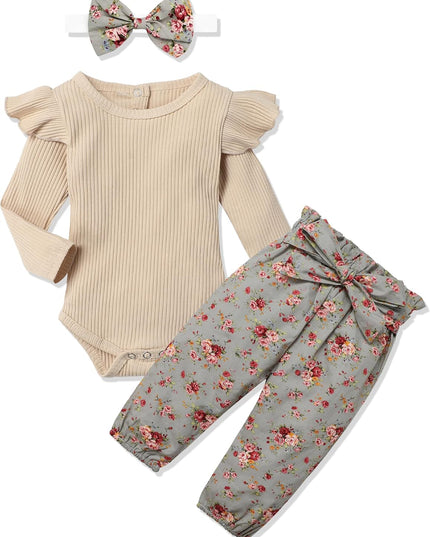 Newborn Baby Girl Clothes Ribbed Ruffle Sleeve Romper + Floral Pants + Headband Cute Infant Baby Girl Outfit 3Pcs