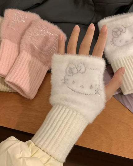 Hello Kitty Half Finger Gloves for Women Fashion Winter Warm Soft Knitting Gloves Casual Cartoon Fingerless Mitten Gifts