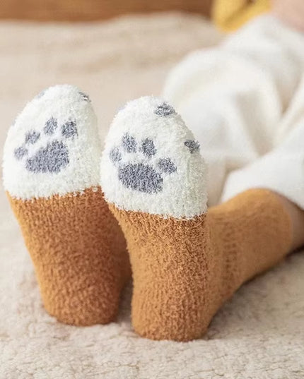 Plush Winter Funny Cute Style Animal Cat Paw Cartoon Pattern Women Cotton Socks Super Soft for Female House Sleeping Floor Sox