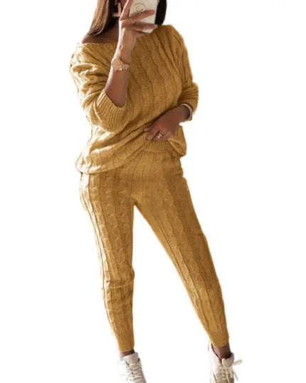 Hot Sale 2 Pieces Women'S Suit Winter Solid Color Knitted Pants Suit Women'S Long-Sleeved Knitted Casual Two-Piece Thick Sweater