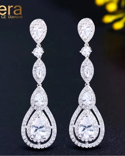 Pera Delicate Shiny White Cubic Zirconia Silver Color Long Water Drop Dangle Earrings for Ladies Costume Prom Party Jewelry E613