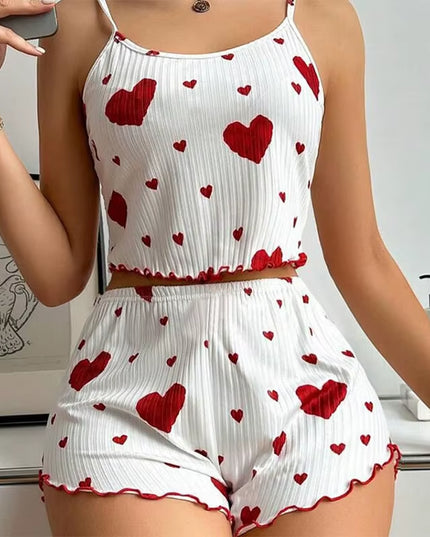 Women'S Pajamas Set Sleepwear 2 PCS Short Tank Tops and Shorts S M L White Ventilate Soft Casual Love Printing