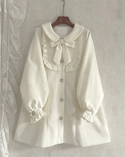 Winter Women'S Woolen Coat Japanese Lolita Style Sweet Kawai Bow A-Line Loose Jackets Female Elegant Fall Korean Fashion Outwear