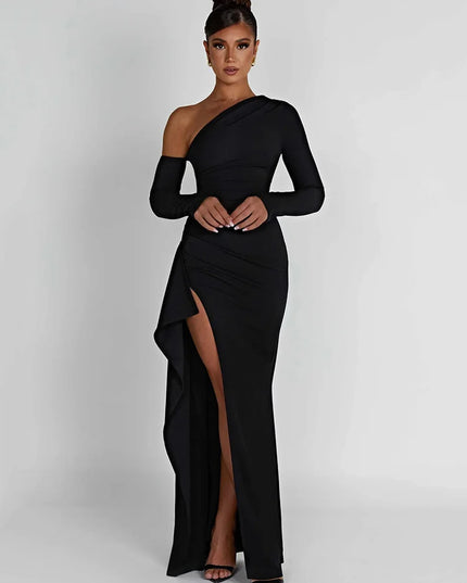 Oblique Shoulder Thigh High Split Maxi Dress Women Long Sleeve Backless Bodycon Sexy Club Party Long Dress Vestidos
