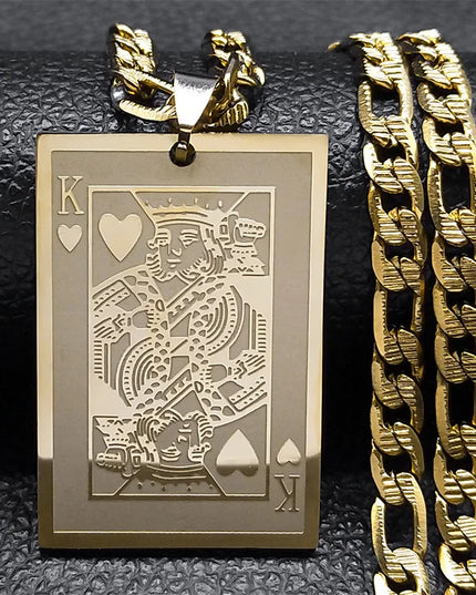 Poker King Spades Hearts K Pendant Necklace for Men Women Stainless Steel Gold Color Hip Hop Punk Necklaces Jewelry N7434S05