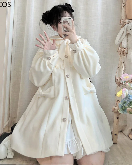 Winter Women'S Woolen Coat Japanese Lolita Style Sweet Kawai Bow A-Line Loose Jackets Female Elegant Fall Korean Fashion Outwear
