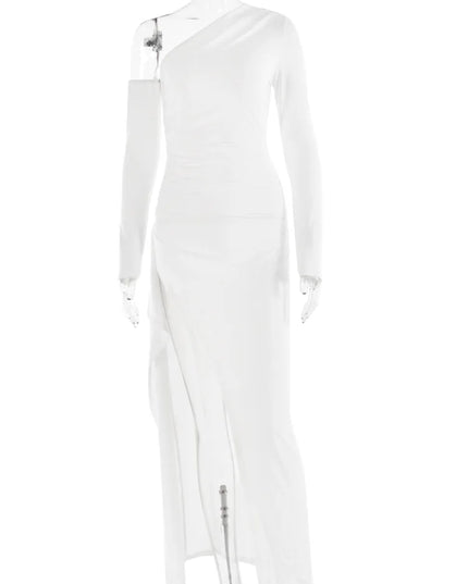 Oblique Shoulder Thigh High Split Maxi Dress Women Long Sleeve Backless Bodycon Sexy Club Party Long Dress Vestidos