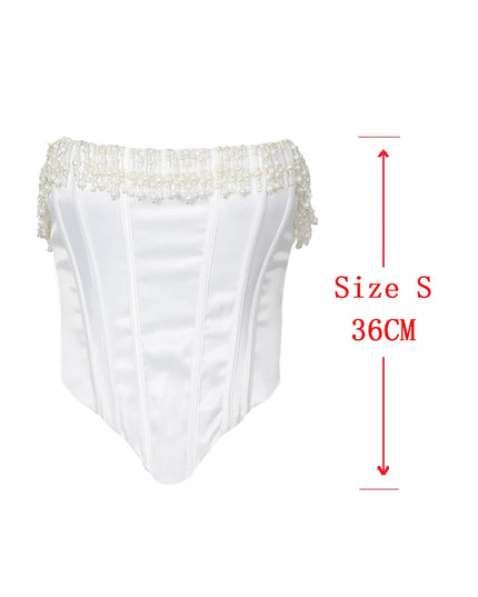 Luxury Strapless Women Cropped Top White Embellished Pearls and Beads Corset Tops Sexy Party Cocktail Clothing