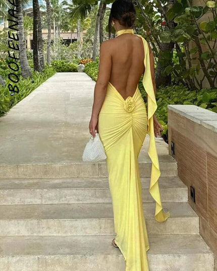 Women's Elegant Floral-Applique Halter Backless Maxi Dress - Summer Party Wear 2024 C83-CE37