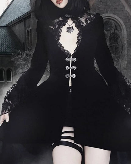 Women Gothic Lace Dress V Neck Hollow Out Flare Long Sleeve Dress Halloween Cosplay Costume Masquerade Party Dress up Vestidos