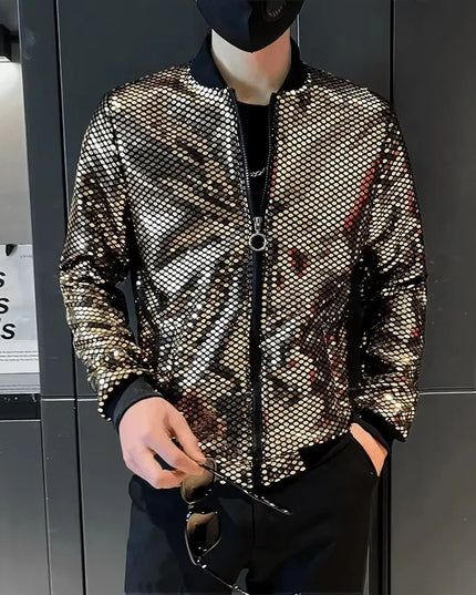 Sequin Diamond Bomber Jackets for Men Silver Plaid Fashion Streetwear Hip Hop Windbreaker Coat Nightclub Singer Stage Costume