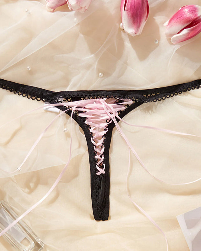 Ladies Super Sexy Lace up Thongs Lingerie Black Strap Crochet Trim Pink Bandage Lace up Panties Sexy Exposed Erotic G-Strings