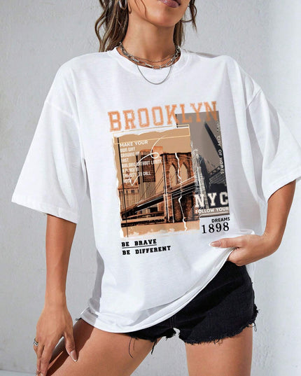 INAWLY Street View and Slogan Graphic Drop Shoulder Tee MAKE YOUR OWN WAY GROWING up FAST BUILDING without LIMITS a PLACE in the CITY to CALL HOME CITY of HOMES NYC FOLLOW YOUR DREAMS 1898 the Brooklyn Bridge Is a Famous Sight in New York BE BRAVE BE DIFFERENT Graphic Tees Women Tops