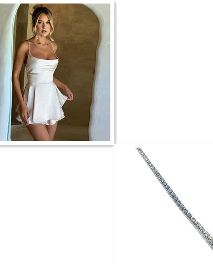 Sexy Suspender Skirt for Women Elegant Slim Strap Satin Backless Lace up A-Line Short Dress Lady