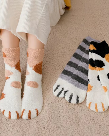 Plush Winter Funny Cute Style Animal Cat Paw Cartoon Pattern Women Cotton Socks Super Soft for Female House Sleeping Floor Sox