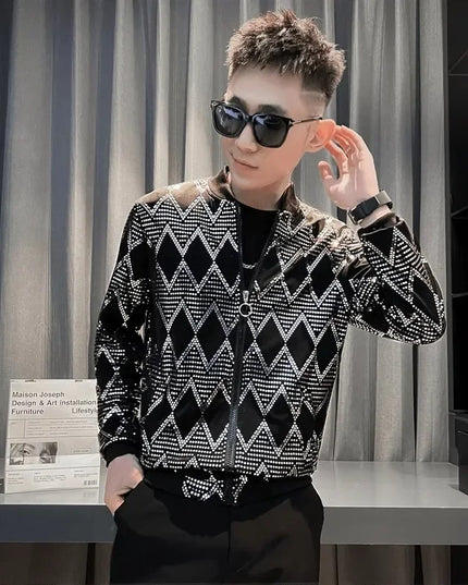 Sequin Diamond Bomber Jackets for Men Silver Plaid Fashion Streetwear Hip Hop Windbreaker Coat Nightclub Singer Stage Costume