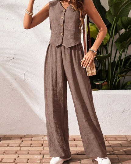 Frenchy 2Pcs/Set Vacation Casual Solid Color Button Front Top and Pants Set