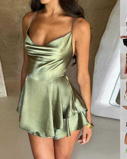 Sexy Suspender Skirt for Women Elegant Slim Strap Satin Backless Lace up A-Line Short Dress Lady