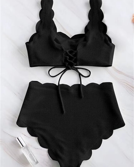 Solid Blue Two Pieces Swimsuit Bathing Suits Bikini Women Scalloped Textured High Waisted Bikini Set Lace up Bathing Suits XXL