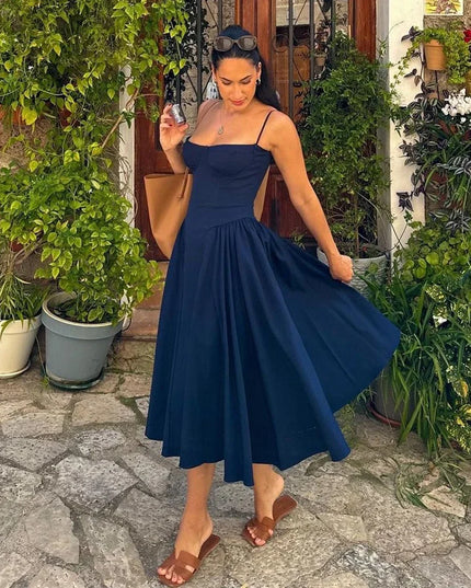 Summer Elegant Midi Spaghetti Strap Dresses Slim V Neck a Line Party Dress Khaki Casual Dress Women'S Clothing