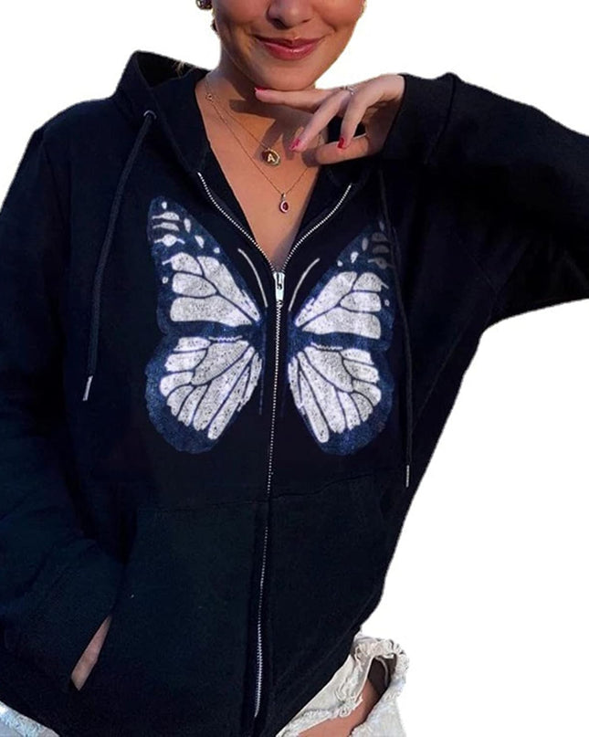 Women'S Gothic Hoodie Sweatshirt, Fashion Long Sleeve Loose Fit Comfy Pocket Butterfly Print Full Zip Hooded Coat Tops