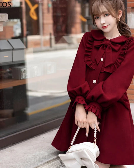 Winter Women'S Woolen Coat Japanese Lolita Style Sweet Kawai Bow A-Line Loose Jackets Female Elegant Fall Korean Fashion Outwear
