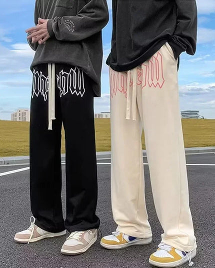 American Style Letter Print Straight Pants for Men High Street Loose Trousers Casual Joggers Hip Hop Drawstring Sweatpants