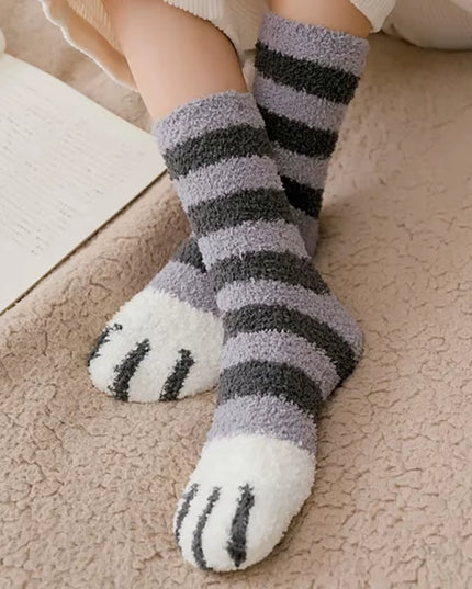 Plush Winter Funny Cute Style Animal Cat Paw Cartoon Pattern Women Cotton Socks Super Soft for Female House Sleeping Floor Sox