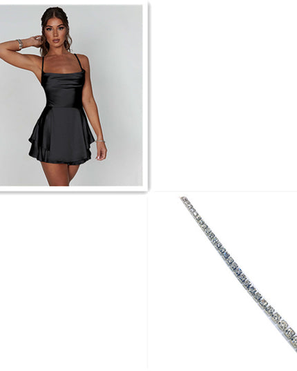 Sexy Suspender Skirt for Women Elegant Slim Strap Satin Backless Lace up A-Line Short Dress Lady