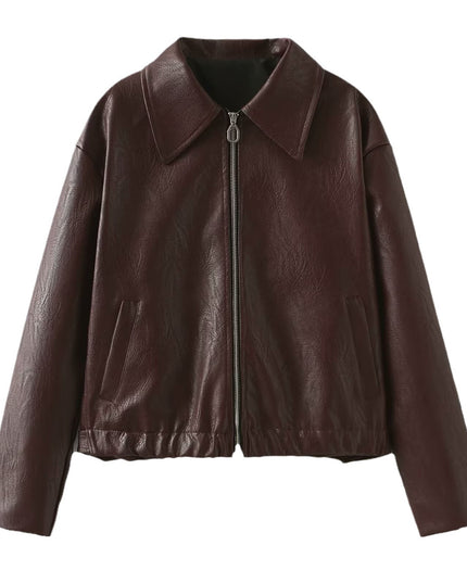 Solid Color Lapel Zipper Jacket Fashion Casual Long Sleeve Leather Coat Tops Women Clothing