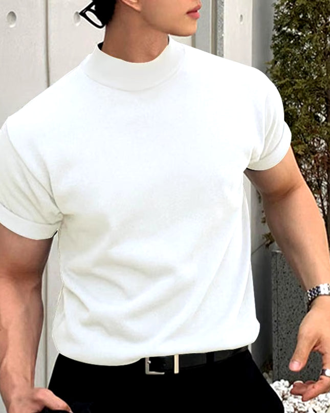 Men T-Shirt Solid Color High Neck Men Top Sweat Absorption Dress-Up Fitness Top Summer Short Sleeve Male Shirt Top for Men