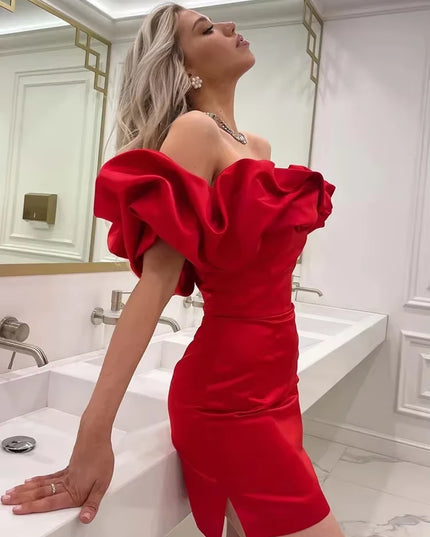 Clearance Sale ! Summer White Ruffle Party Dresses Elegant off the Shoulder Wedding Guest Dress Elastic Satin Women'S Clothing