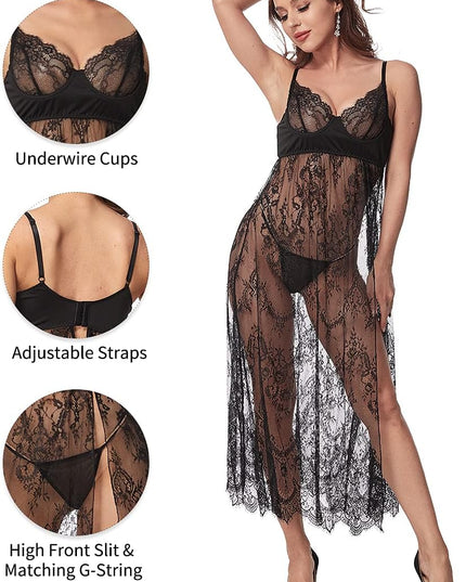 Women Sexy Lingerie Lace High Slit Maxi Long Gown Sheer Dress with Underwire S-4XL