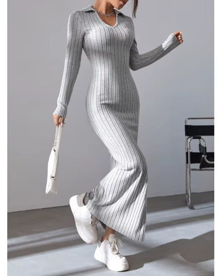 2024 New Women'S Sexy Knitted V-Neck Reverse Collar Split Dress Autumn/Winter Long Sleeve Elastic Basic Body Sweater
