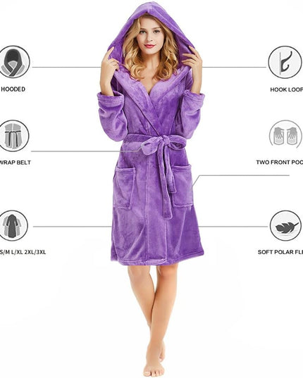 Women Hooded Fleece Robe, Short Plush Robes for Womens with Hood Soft Warm Spa Bathrobe