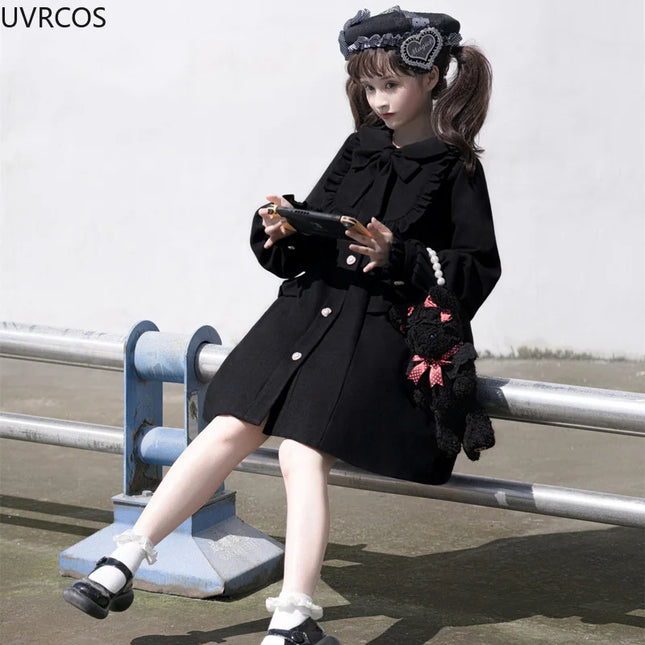 Winter Women'S Woolen Coat Japanese Lolita Style Sweet Kawai Bow A-Line Loose Jackets Female Elegant Fall Korean Fashion Outwear