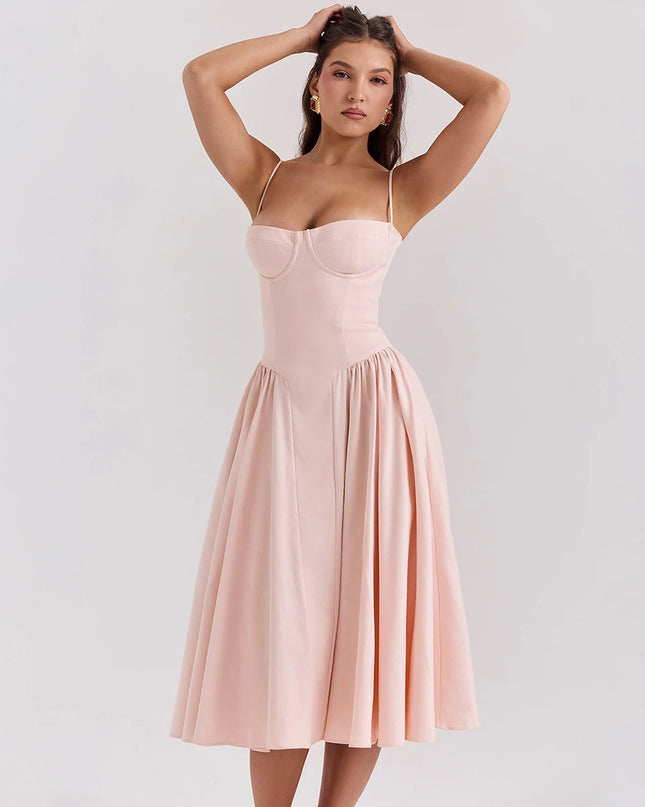 Summer Elegant Midi Spaghetti Strap Dresses Slim V Neck a Line Party Dress Khaki Casual Dress Women'S Clothing