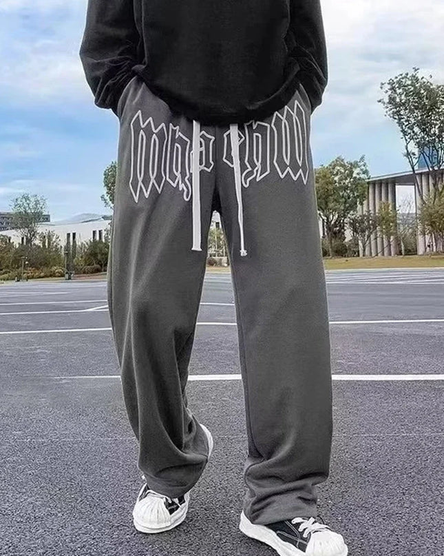 American Style Letter Print Straight Pants for Men High Street Loose Trousers Casual Joggers Hip Hop Drawstring Sweatpants