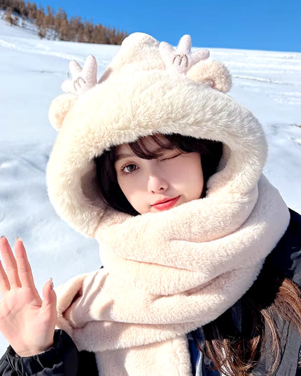 Dragon Horn Bear Hat Scarf One Female Winter Adult Gloves Cycling Thick Dragon Treasure 3-In-1 Small Antler Hat