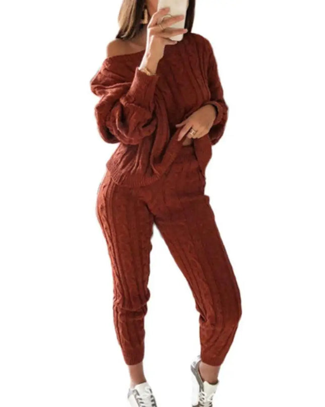 Hot Sale 2 Pieces Women'S Suit Winter Solid Color Knitted Pants Suit Women'S Long-Sleeved Knitted Casual Two-Piece Thick Sweater