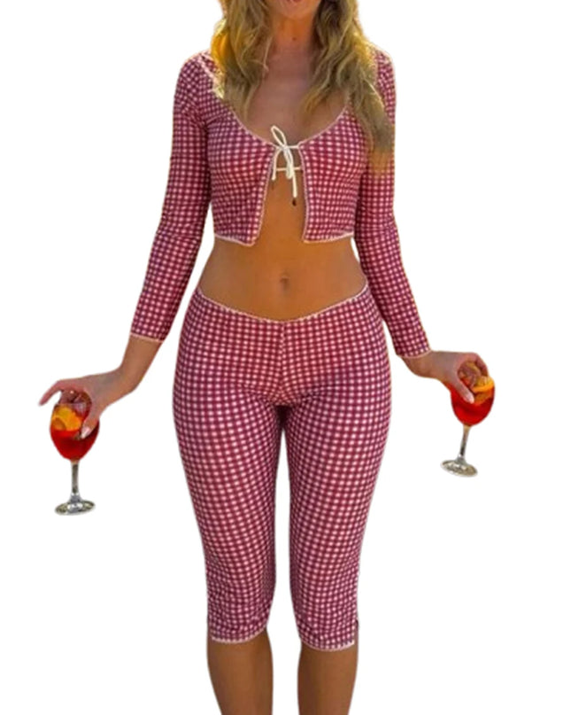 Women Summer Plaid Outfits 3/4 Sleeve Tie Front Halter Neck Tops with Low Waist Capris Pants Set Streetwear 2 Piece Short Sets